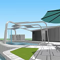 Outdoor Swimming Pool Design With Multiple Areas Umbrellas Seating And Building Structure 3d model