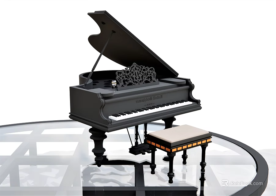 Elegant Black Grand Piano With Carved Design And Matching Stool On Transparent Table 3d model 