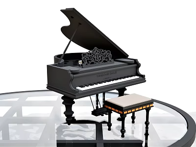 Elegant Black Grand Piano With Carved Design And Matching Stool On Transparent Table 3d model