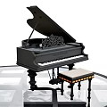Elegant Black Grand Piano With Carved Design And Matching Stool On Transparent Table