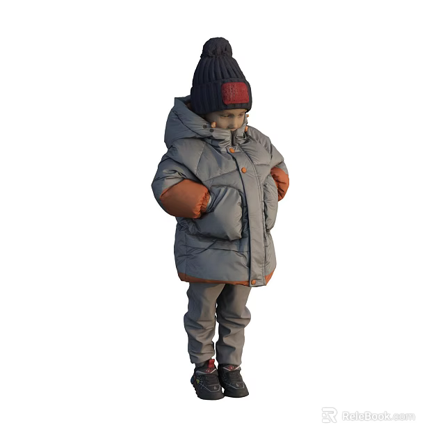 Man in Black Hat Red Detail Gray Down Jacket Orange Cuffs Gray Pants Black Shoes 3d model 