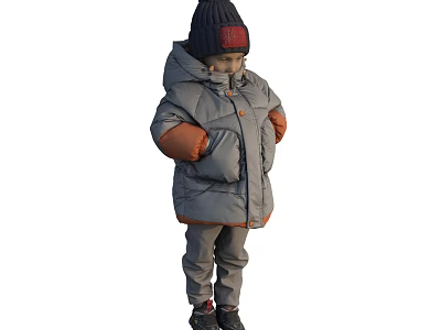 Man in Black Hat Red Detail Gray Down Jacket Orange Cuffs Gray Pants Black Shoes 3d model