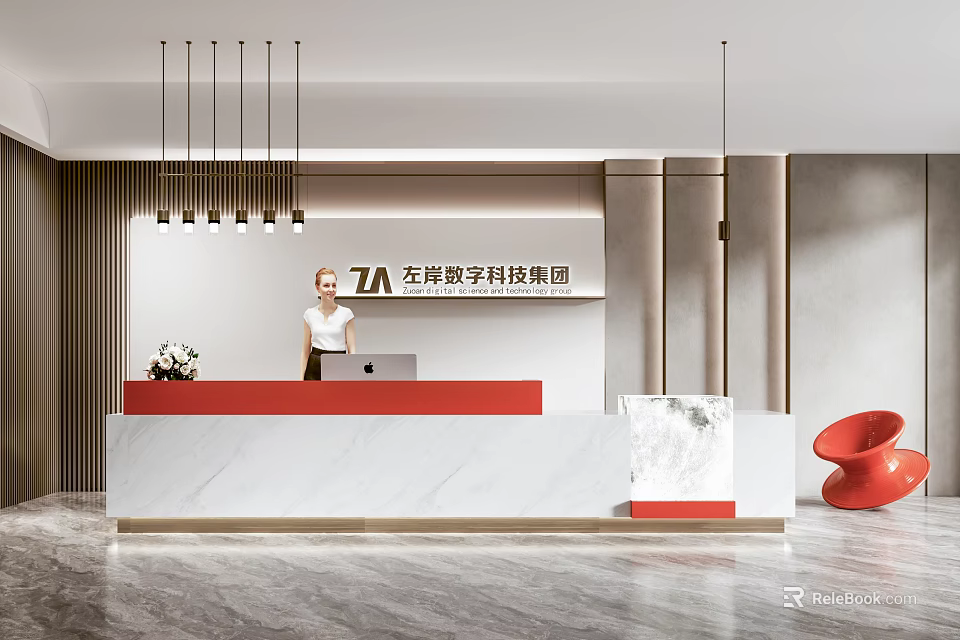 Modern Front Desk Reception For Tech Company With Marble Counter Hanging Lights And Red Chair 3d model 