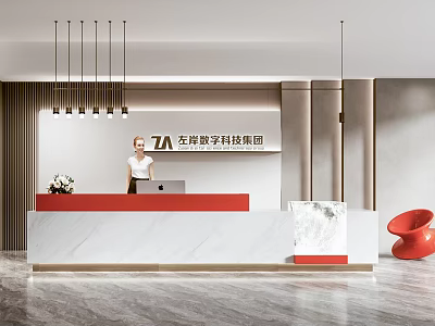 Modern Front Desk Reception For Tech Company With Marble Counter Hanging Lights And Red Chair 3d model