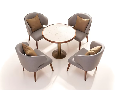 Elegant Tea Table and Chairs with Round Marble Top Gray Fabric Brown Cushions Wooden Legs 3d model