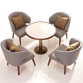 Elegant Tea Table and Chairs with Round Marble Top Gray Fabric Brown Cushions Wooden Legs