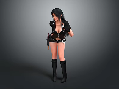Woman With Long Black Hair In Stylish Black Outfit Holding Knife And Long Boots 3d model