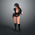 Woman With Long Black Hair In Stylish Black Outfit Holding Knife And Long Boots