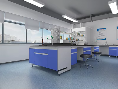 Modern Laboratory Interior With Blue Lab Benches Windows And Reagent Bottles On Shelves 3d model