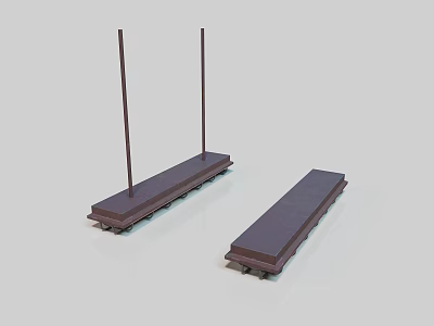Dark Colored Train Flatbed Cars Featuring Wheels And Vertical Poles 3d model