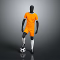 Orange Soccer Jersey And Shorts Worn By Black Mannequin With Soccer Ball On Gray Background