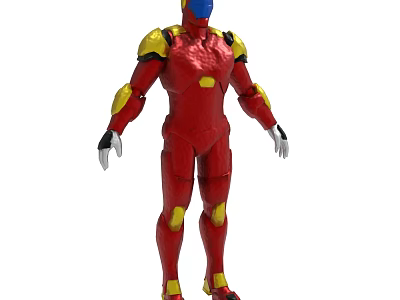 Red And Yellow Armored Mech Suit With Metallic Body And Joint Accents 3d model