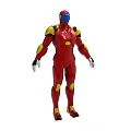 Red And Yellow Armored Mech Suit With Metallic Body And Joint Accents