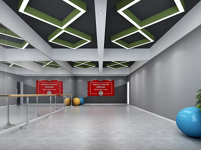 Fitness Studio Featuring Dance Barre Mirrored Walls Geometric Ceiling Lights And Colored Balls 3d model