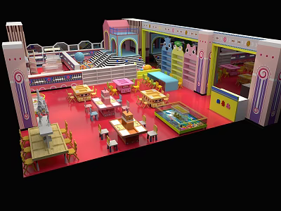 Vibrant Indoor Playground Featuring Multiple Play Facilities Tables Chairs And Kids Fun Zones 3d model