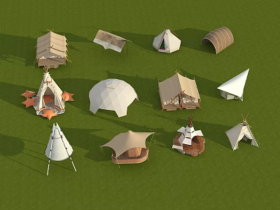 Public Facilities Showcasing Various Styles of Tents on Lush Green Grassland 3d model