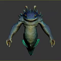 3D Rendering of Mythical Aquatic Creature With Blue Green Skin Spikes Fins and Yellow Eyes