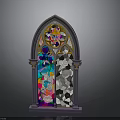 Gothic Stained Glass Window With Colorful Intricate Patterns Ornate Arch And Decorative Columns