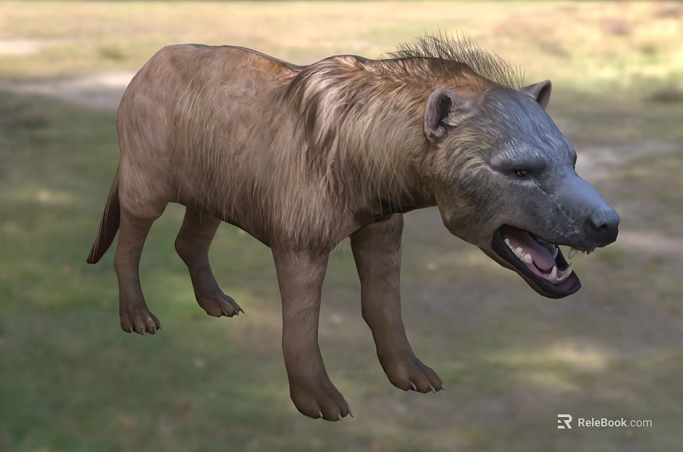 Reptile Resembling Hyena With Brown Fur Standing On Grassland Opening Mouth 3d model 