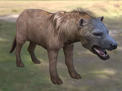 Reptile Resembling Hyena With Brown Fur Standing On Grassland Opening Mouth 3d model