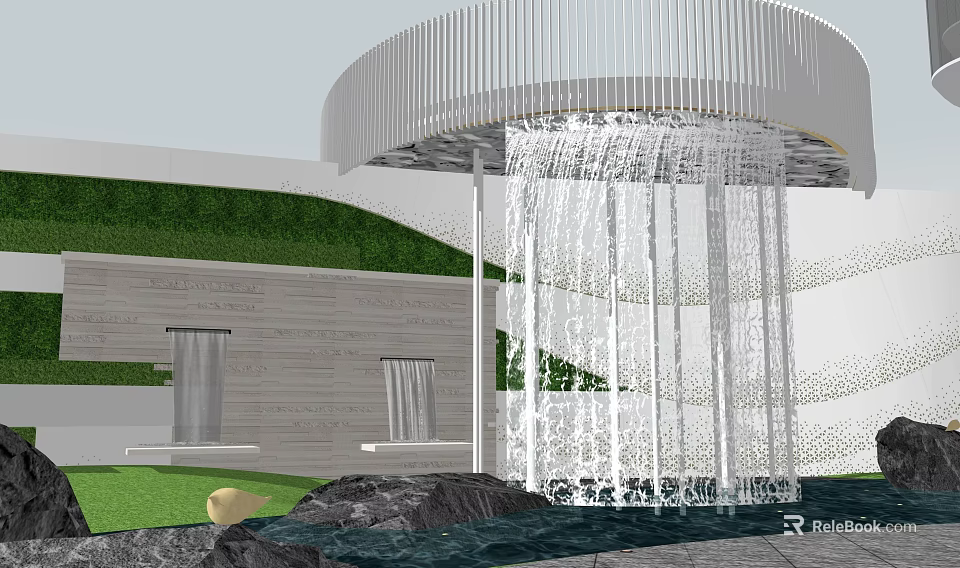Waterfall Feature Wall Modern Design With Flowing Water Green Plants And Stone Accents 3d model 