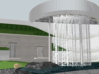 Waterfall Feature Wall Modern Design With Flowing Water Green Plants And Stone Accents 3d model