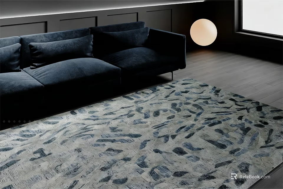 Modern Living Room Featuring Stylish Abstract Patterned Rug Navy Sofa And Round Lamp 3d model 