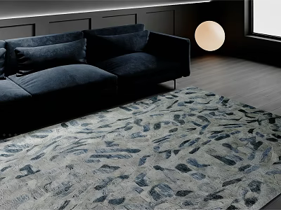 Modern Living Room Featuring Stylish Abstract Patterned Rug Navy Sofa And Round Lamp 3d model