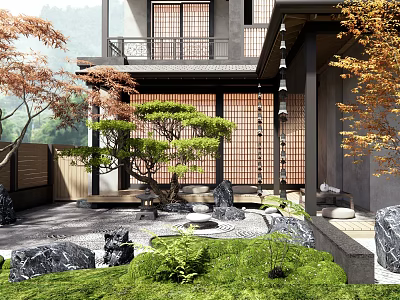 Traditional Japanese Courtyard Garden Design With Pine Trees Smooth Stones And Wooden Lanterns 3d model