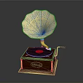 Vintage Gramophone With Golden Horn Wooden Base Black Vinyl Record Red Center