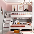 Kids Room Interior Design with Bunk Bed Stairs Pink Gray Walls and Stuffed Toys