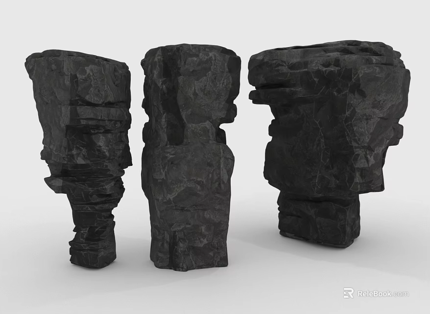 Three Abstract Black Rock Sculptures With Rough Textured Natural Stone Shapes 3d model 