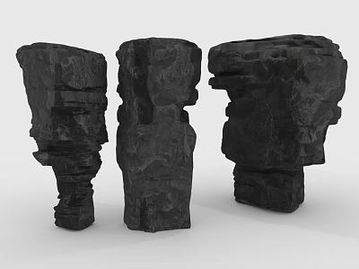 Three Abstract Black Rock Sculptures With Rough Textured Natural Stone Shapes 3d model