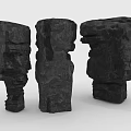 Three Abstract Black Rock Sculptures With Rough Textured Natural Stone Shapes