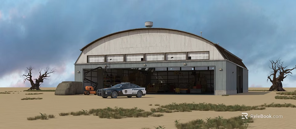 Industrial Workshop With Arched Roof Large Windows Open Garage Doors And Police Car Outside 3d model 