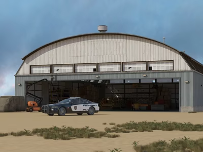 Industrial Workshop With Arched Roof Large Windows Open Garage Doors And Police Car Outside 3d model