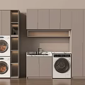 Modern Laundry Room Design With Stacked Washing Machines And Gray Cabinets