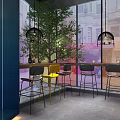 Modern Bar Interior Design With Wooden Shelves Wine Bottles Stone Counter And Green Chairs