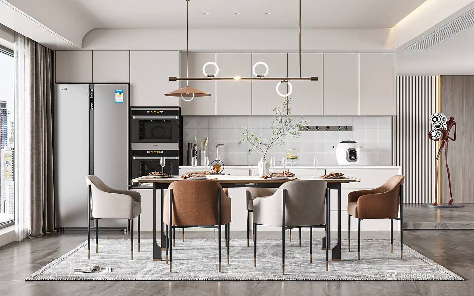 Modern Restaurant Interior With Dining Table Chairs Pendant Lights And Stylish Decor 3d model 