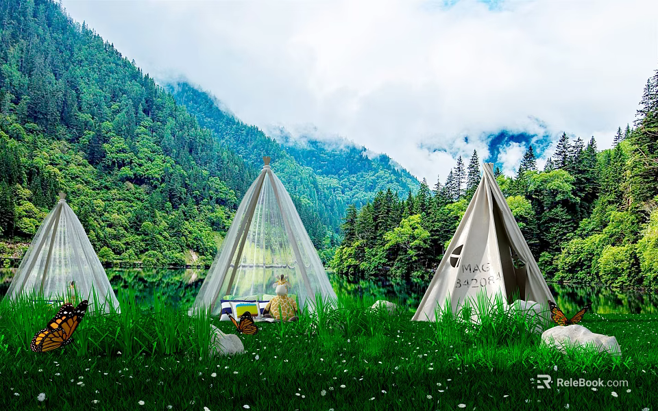 Beautiful Tents By Lakeside Surrounded By Mountain Forest Green Grass And Stones 3d model 