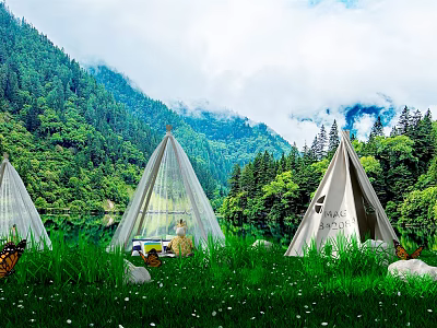 Beautiful Tents By Lakeside Surrounded By Mountain Forest Green Grass And Stones 3d model