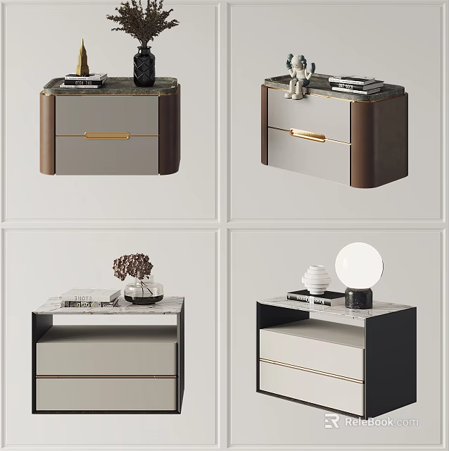 Stylish Modern Bedside Tables With Various Designs Marble Tops Drawers And Decorations 3d model