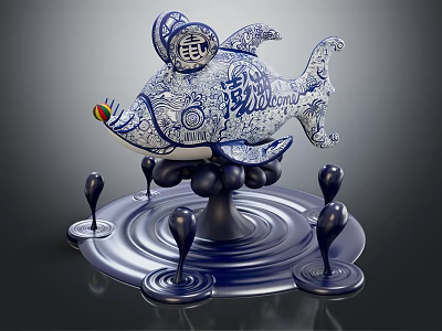 Decorative Fish Shaped Ornament Set Blue White With Intricate Patterns Artistic Base 3d model