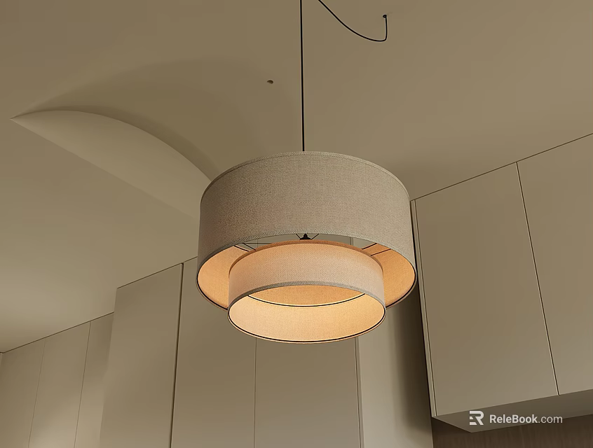 Double Layer Fabric Pendant Light In Modern Kitchen With White Cabinets And Minimalist Style 3d model 