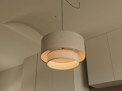 Double Layer Fabric Pendant Light In Modern Kitchen With White Cabinets And Minimalist Style 3d model
