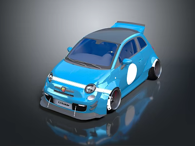 Blue Compact Car with Rear Spoiler Large Wheels White Circular Decal and Shiny Exterior Design 3d model