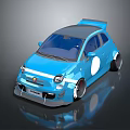 Blue Compact Car with Rear Spoiler Large Wheels White Circular Decal and Shiny Exterior Design