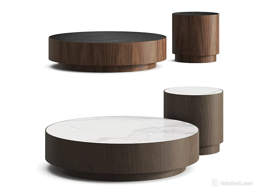 Modern Circular Coffee Table Set With Wooden Base And Marble Top 3d model