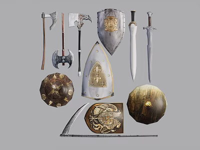 Ancient Medieval Weapons Collection Including Axes Swords Shields And Helmets 3d model