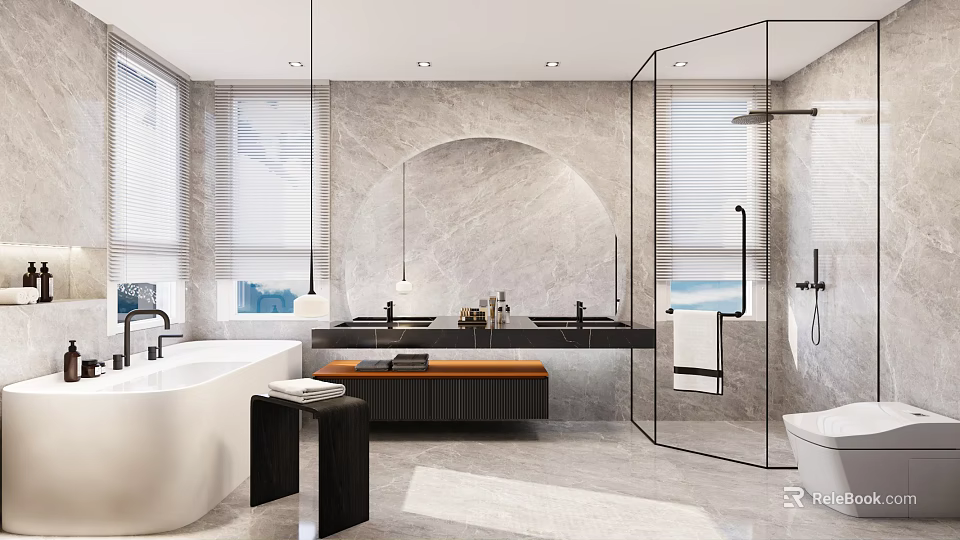 Modern Bathroom With Marble Walls Bathtub And Glass Shower Enclosure 3d model 